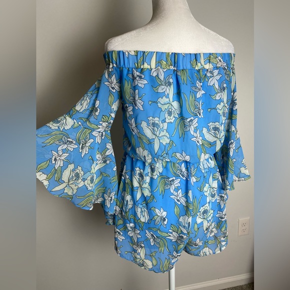 Lulu’s Stay Sweet Light Blue Floral Print Off-the-Shoulder Romper size S - Picture 6 of 10